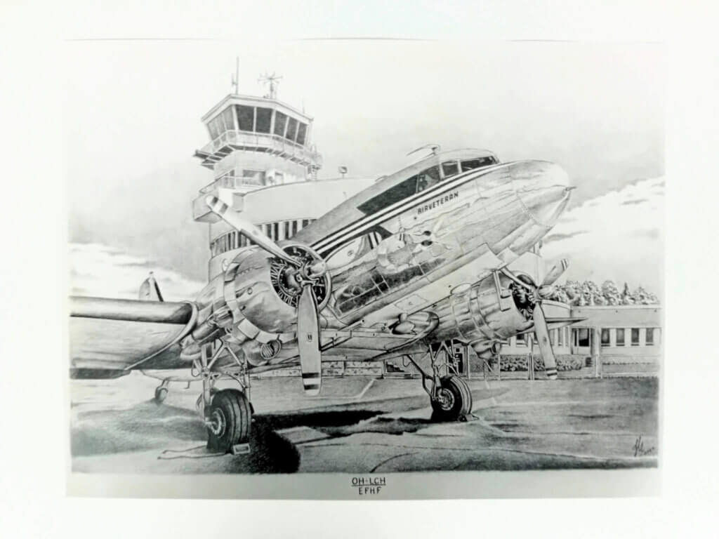 Lyijykynävedos, jonka etualalla DC-3 -lentokone ja taustalla Malmin lentoasema.