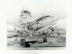 Lyijykynävedos, jonka etualalla DC-3 -lentokone ja taustalla Malmin lentoasema.