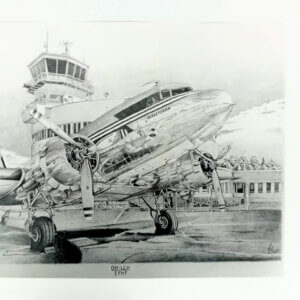 Lyijykynävedos, jonka etualalla DC-3 -lentokone ja taustalla Malmin lentoasema.