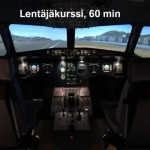 Airbus A320-simulaattorin ohjaamo, näytöillä kiitotienäkymä.