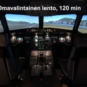 Airbus A320-simulaattorin ohjaamo ja yläreunassa teksti "Omavalintainen lento 120 min".