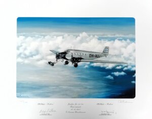 Antti Salmisen taidevedos, jossa "Kaleva" -lentokoneen moottori irtoaa kesken lennon Turun saariston yllä sini-valkoisella pilvitaivaalla.