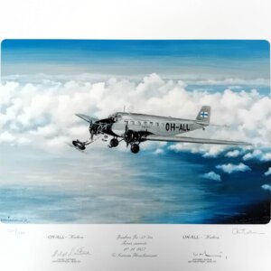 Antti Salmisen taidevedos, jossa "Kaleva" -lentokoneen moottori irtoaa kesken lennon Turun saariston yllä sini-valkoisella pilvitaivaalla.