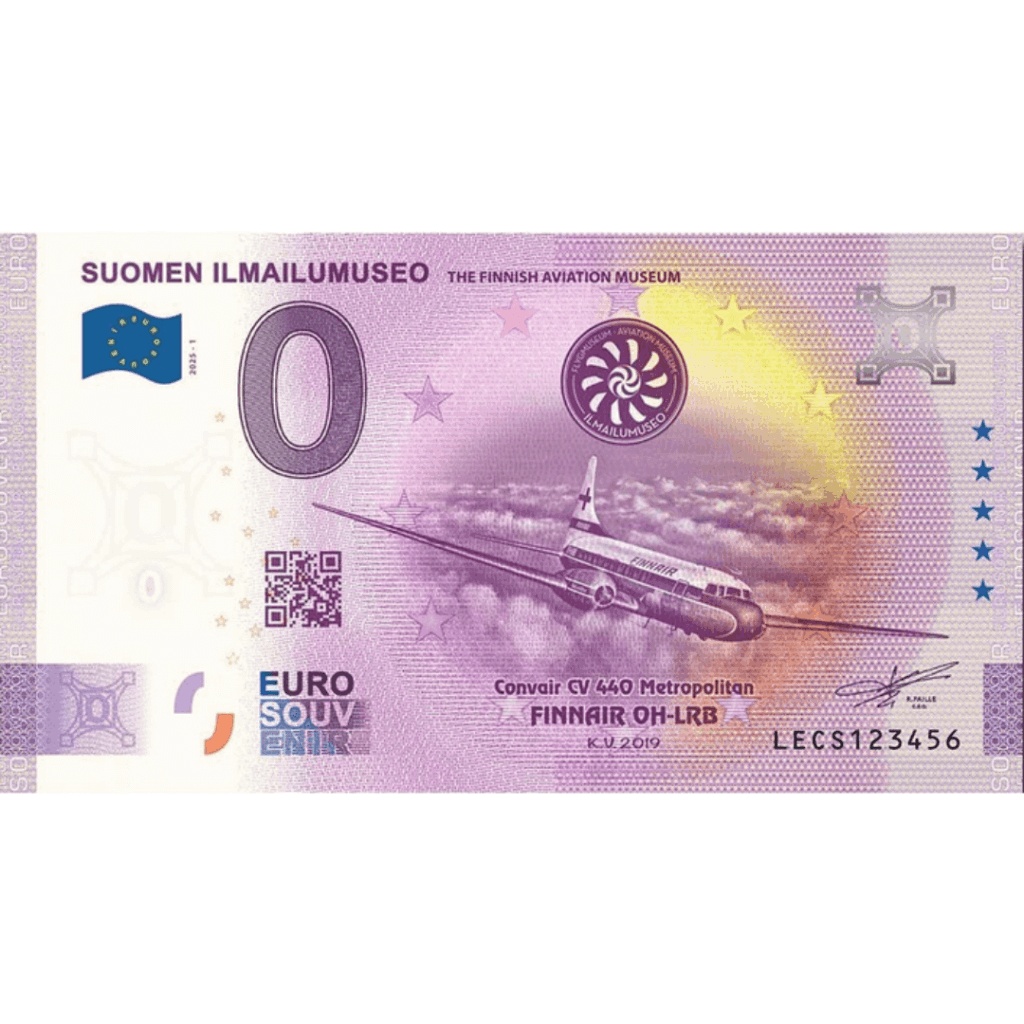Suomen Ilmailumuseon tukiseteli 0 €. Kuvituksena Convair-lentokone ja väritys violetti.
