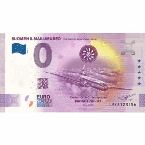 Suomen Ilmailumuseon tukiseteli 0 €. Kuvituksena Convair-lentokone ja väritys violetti.