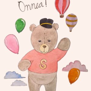 Postikortti, jossa Simppa-nalle vilkuttaa ja toivottaa "Onnea!" ilmailuaiheisella taustakuvituksella.