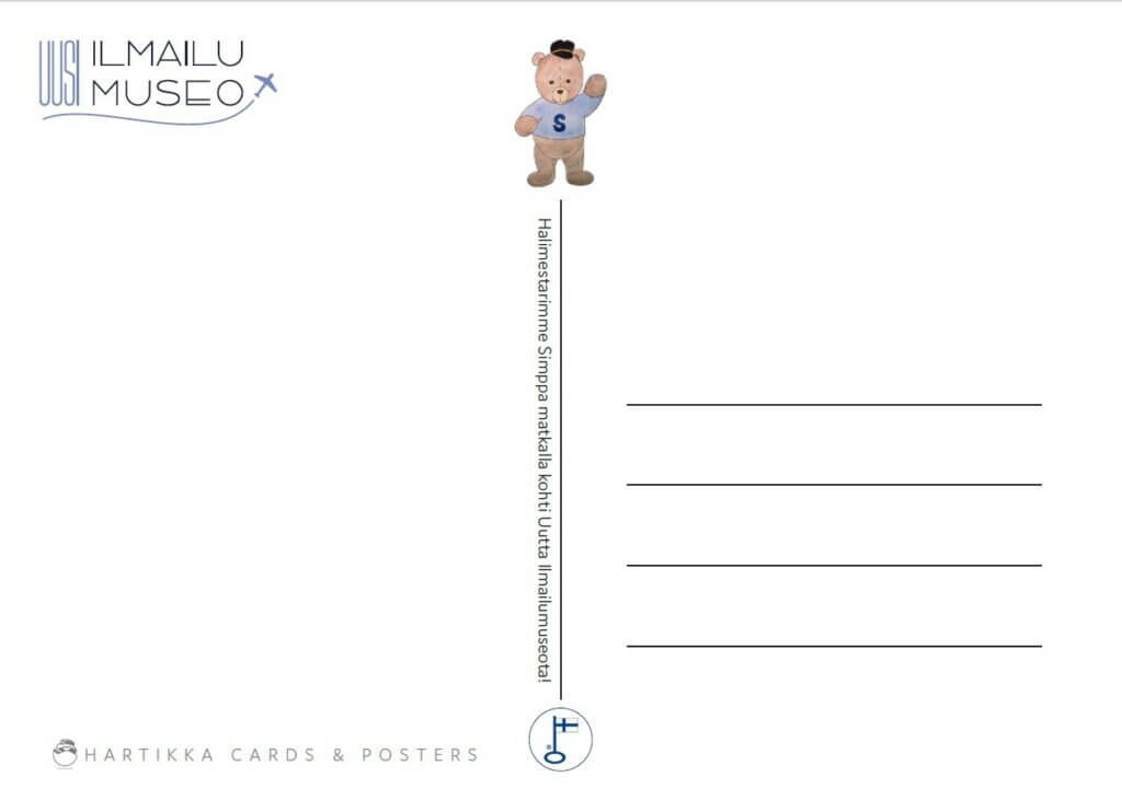 Postikortin taustapuoli, jossa osoiterivit, Uusi Ilmialumuseo -logo sekä pikkuinen Simppa-nalle.