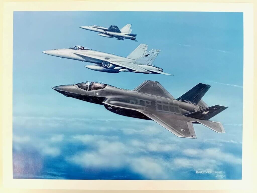 Kari Vertasen ilmailutaidevedos Vahdin vaihto, jossa kolme hävittäjää vaalean sinisellä taivaalla.